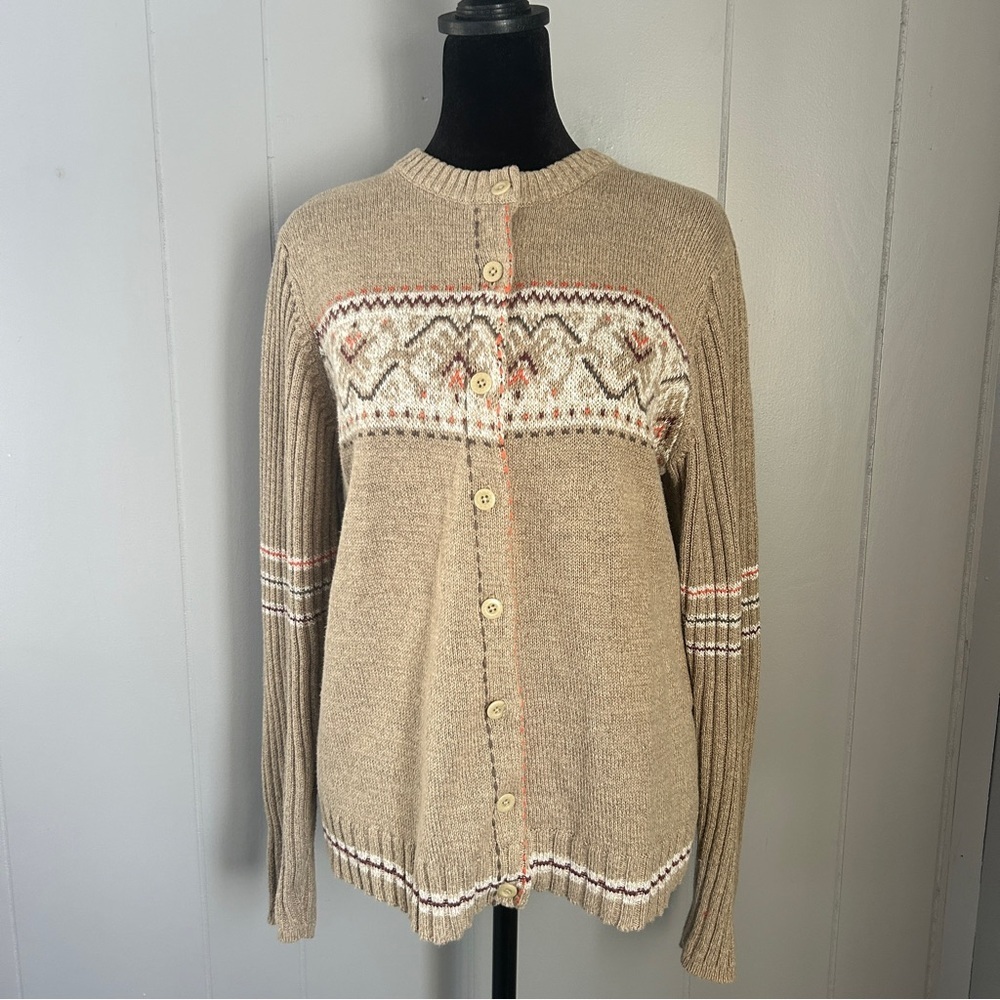 Woolrich Khaki Fair Isle Cardigan Sweater Size Large 100% Natural Fibers
